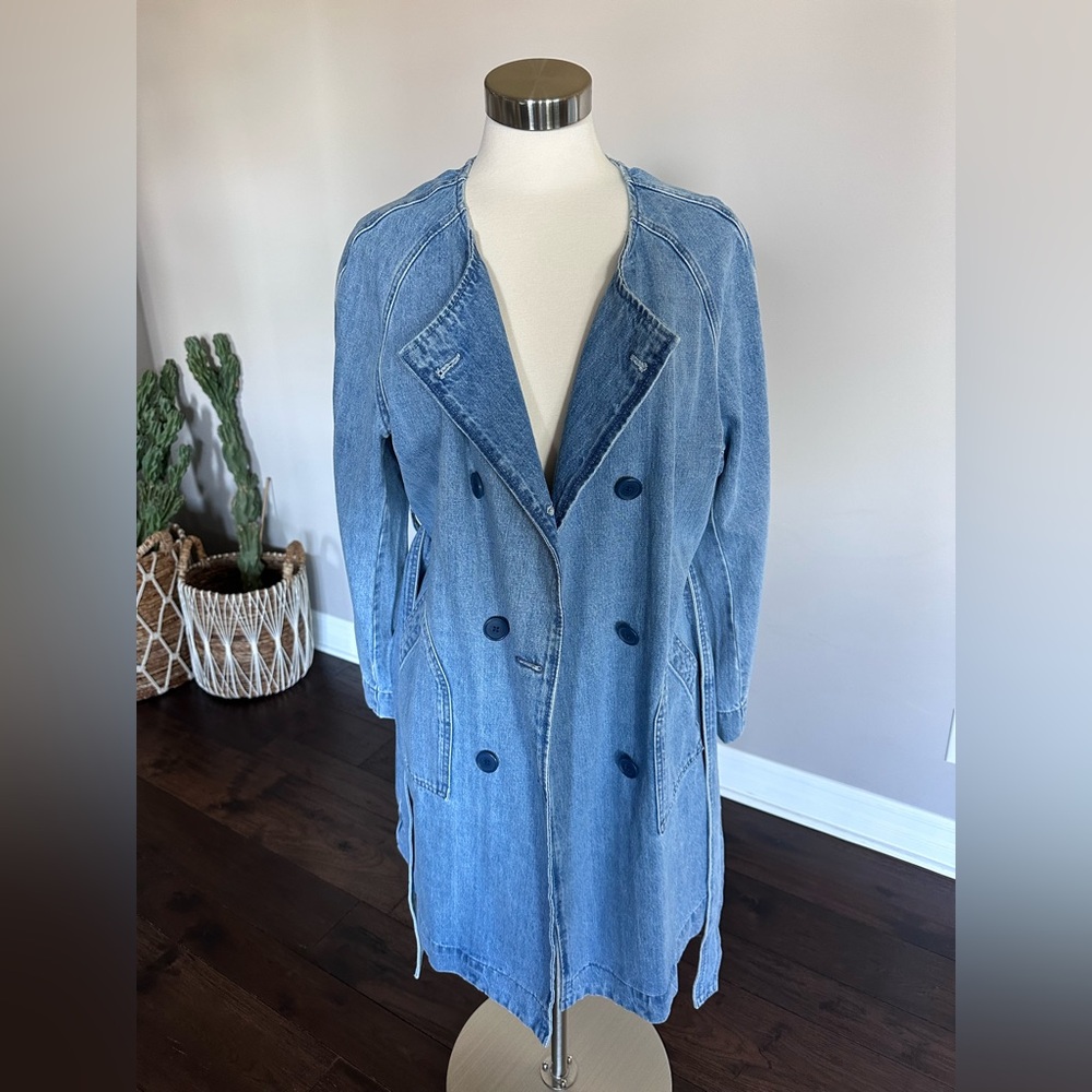 J. Crew Denim Trench Coat Double Breasted Collar Light Denim Woman's Large - Picture 10 of 15